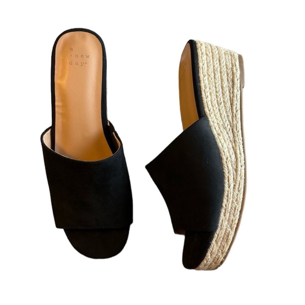 A New Day Black Seude Slip On Slides espadrilles Wedge Platform Sandals